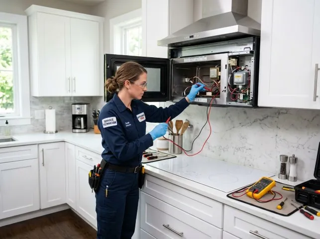 Appliance Repair Hero technician testing an over-the-range microwave in a Bend, OR kitchen